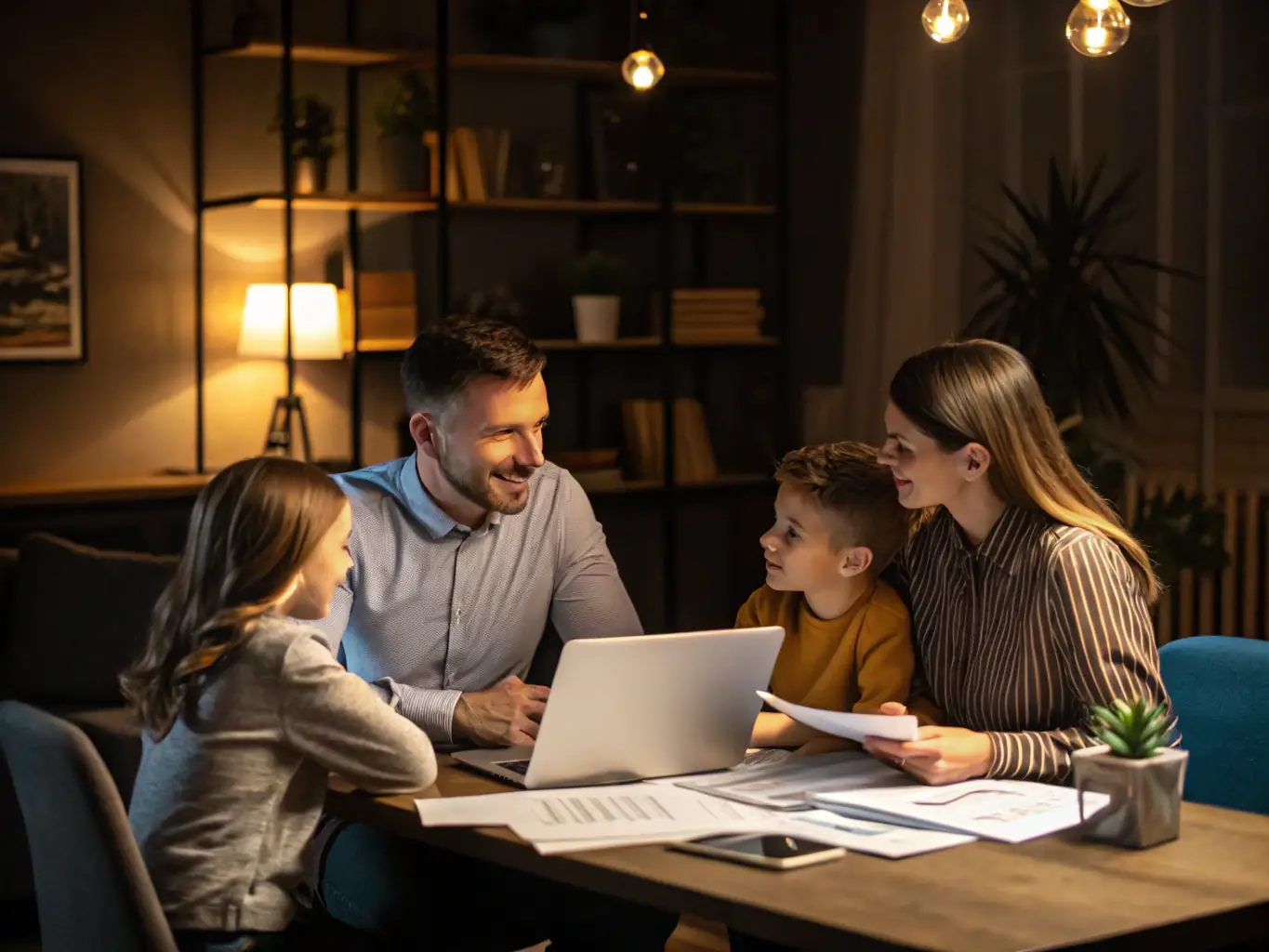 A family is consulting with a financial planner at Sotex Capital, reviewing estate documents and discussing the importance of protecting their assets for future generations. The scene conveys trust and careful planning.
