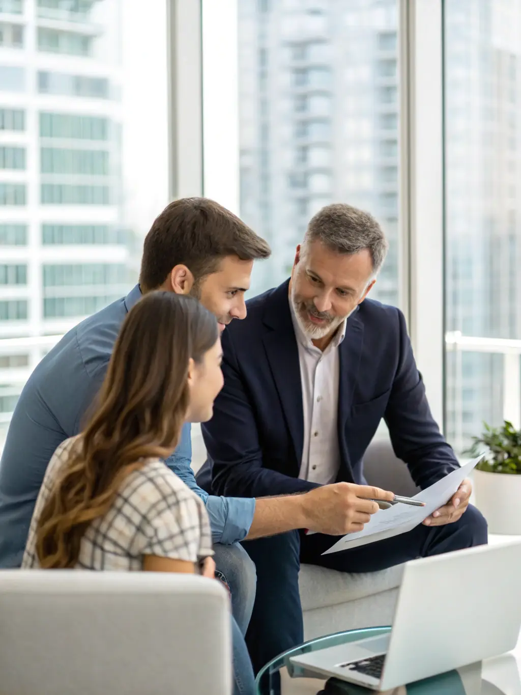 A professional financial advisor in a suit, sitting at a desk and explaining retirement planning options to a young couple in a bright, modern office setting. The focus is on trust and expertise.