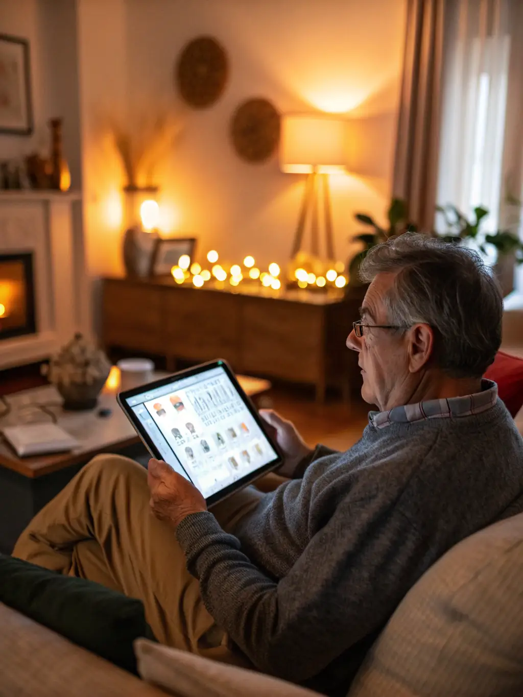 A senior citizen confidently managing their finances with the help of a Sotex Capital advisor, using a tablet in a comfortable home setting. The focus is on independence and security.