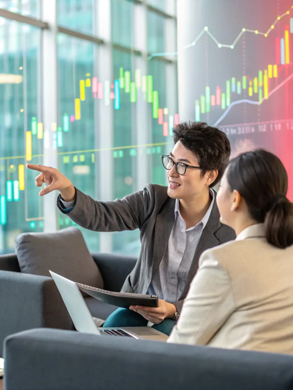 A professional financial advisor explaining the benefits of term life insurance to a young couple in their office, emphasizing affordability and coverage for a specific period.