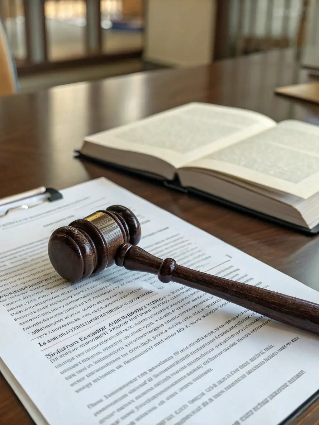 A gavel resting on a stack of legal documents, with a blurred background of a law office, representing the legal aspects of estate planning.
