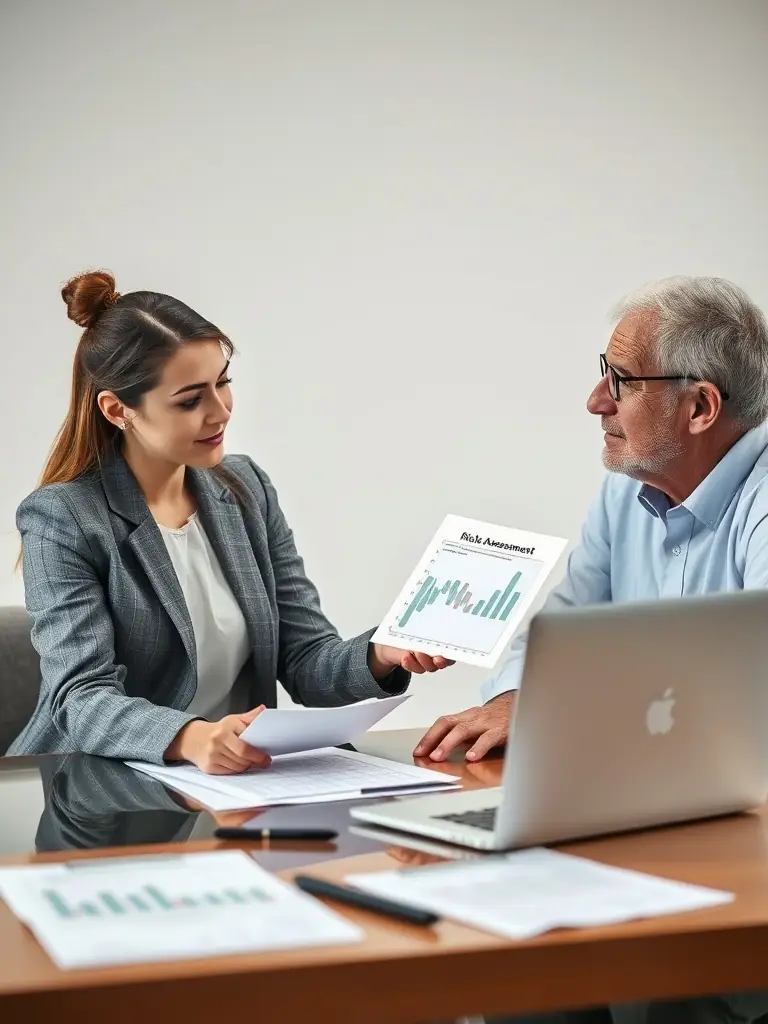 A financial advisor presenting variable life insurance options to a client, showcasing the potential for higher returns through investment sub-accounts.