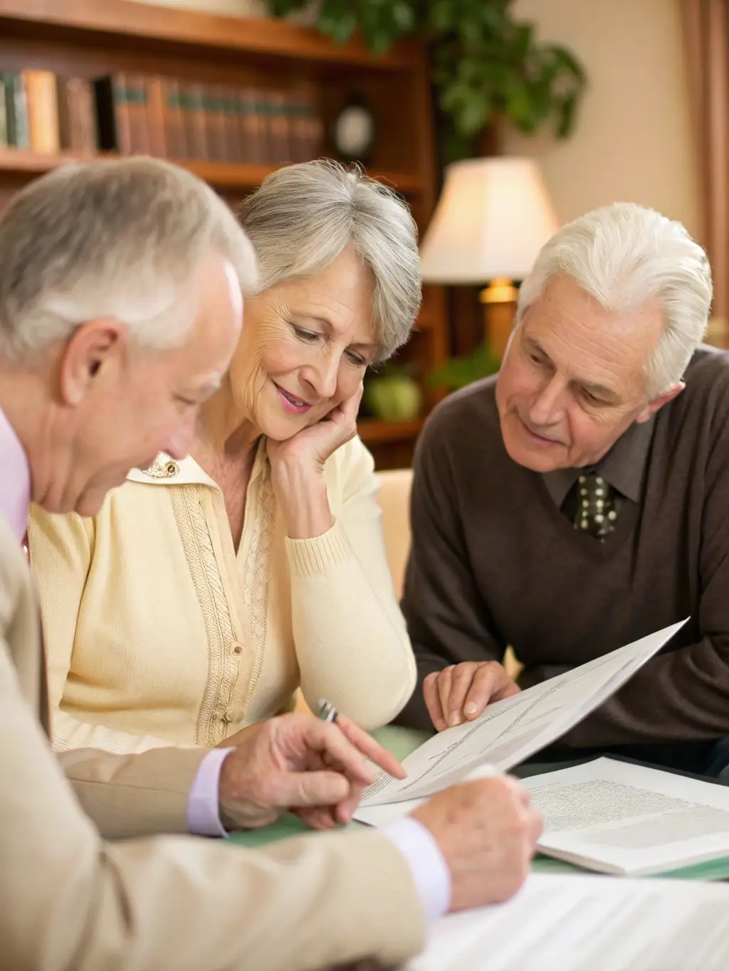 A professionally dressed senior couple sitting at a table, reviewing documents with a financial advisor in a bright, modern office setting, symbolizing estate planning.